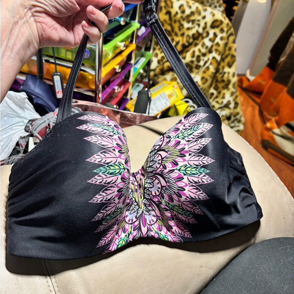 M&S Underwire Black Floral Print Bikini Halter Top Size 34DD.